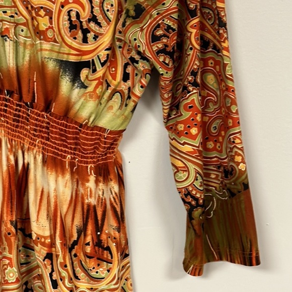 Super Cute Rust & Orange BOHO V-neck top, 3/4 sleeves, gathered waist, M - Picture 6 of 8